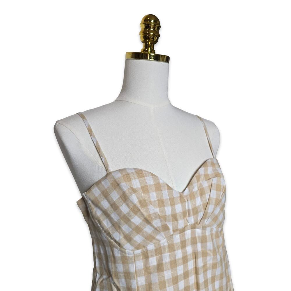 Promesa Gingham Mini Dress L Tan White Plaid Bustier Fit Flare Cottagecore NWT - Picture 5 of 15